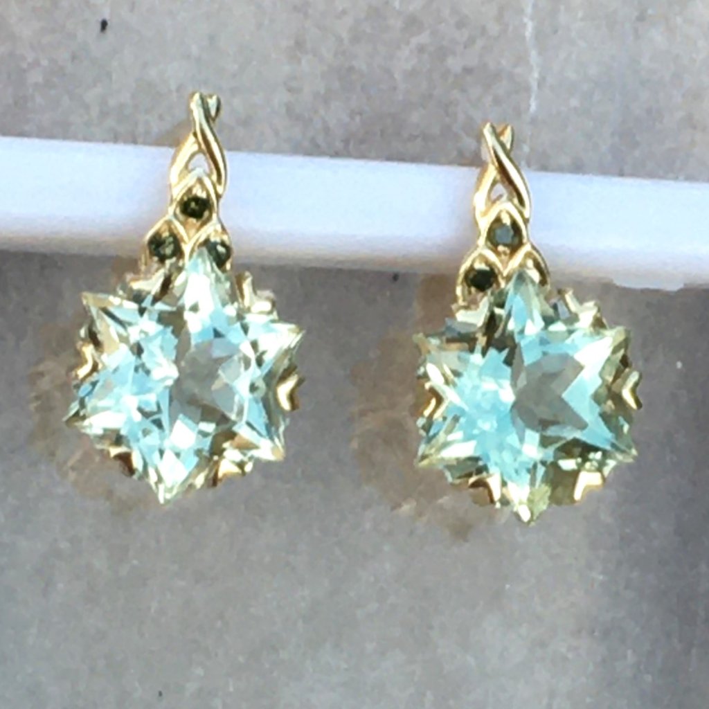 Wobito Snowflake Cut Prasiolite 9k Gold Earrings Green Diamond Genuine Gemstones
